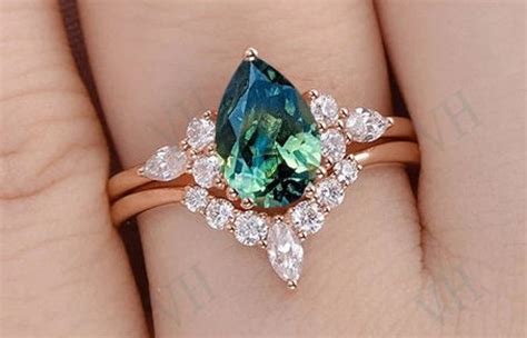 Vintage Teal Sapphire Engagement Ring Set Art Deco Teal Sapphire ...