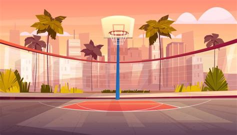 Vector cartoon background of basketball court in tropic city Free Vector Episode Backgrounds ...