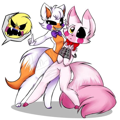 Lolbits and mangle from fnaf world cute drawing toy Chica mad in the background art not mine ...