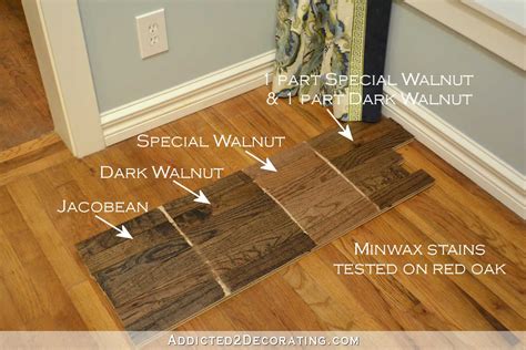 Minwax stain colors tested on red oak hardwood flooring - Jacobean,, Dark Walnut, Special Walnut ...