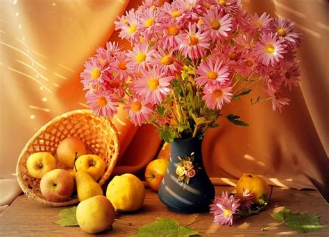 Still life, bouquet, vase, beautiful, fruits, basket, pretty, autumn ...