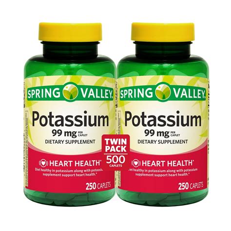 Spring Valley Potassium Dietary Supplement Caplets, 99mg, 250-Count, 2-Pack - Walmart.com ...