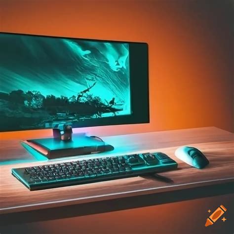 White gaming pc setup on wooden table with orange/cyan themed gaming room wall on Craiyon
