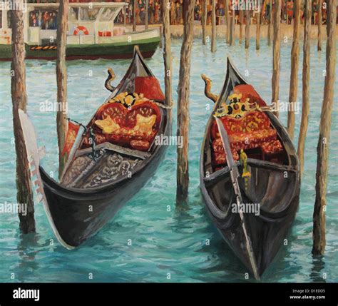 An oil painting on canvas of Two Venetian Gondolas, famous boats Stock Photo, Royalty Free Image ...