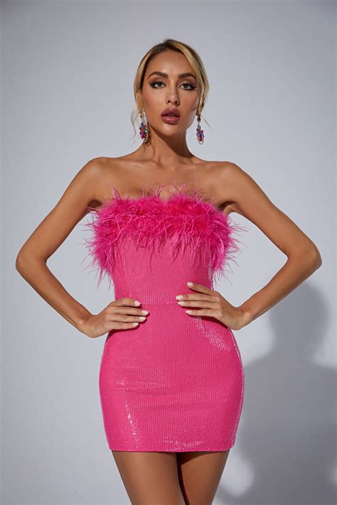 Marin Strapless Feather Sequin Mini Dress In Hot Pink | Hot pink sequin ...