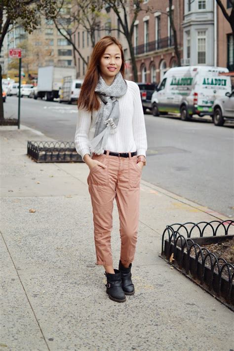Women's White Cable Sweater, Khaki Chinos, Black Leather Ankle Boots ...