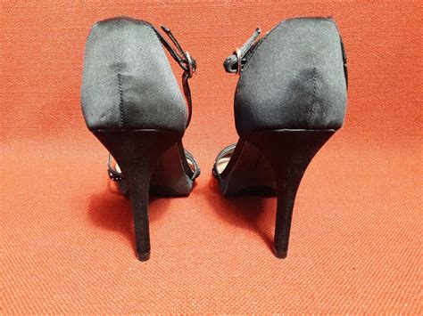 FIONI NIGHT Black Fabric Rhinestones Heels Ankle Strap Women's Shoes ...