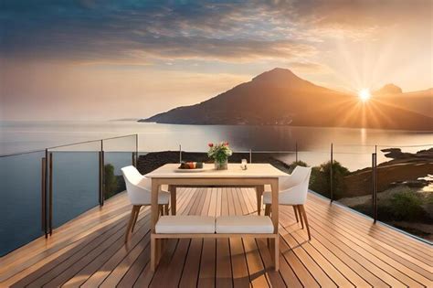 Premium AI Image | A balcony with a view of a mountain and a sunset