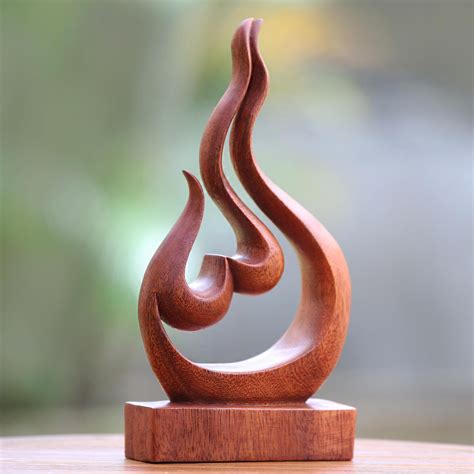 Hand Carved Suar Wood Heart and Flame Abstract Sculpture - Lover's Passion | NOVICA