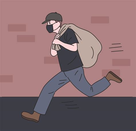 A thief is running away by stealing something in a sack. hand drawn style vector design ...