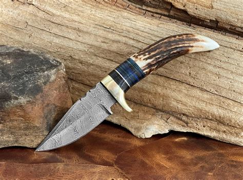 Damascus Steel Stag Antler Handle Fixed Blade Knife Custom Damascus ...