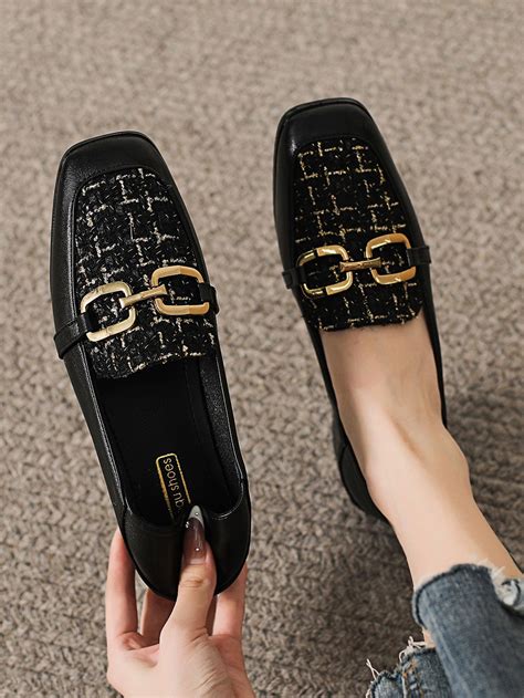 Black Elegant Collar Plaid Loafers Embellished Women Shoes Cute Flats ...