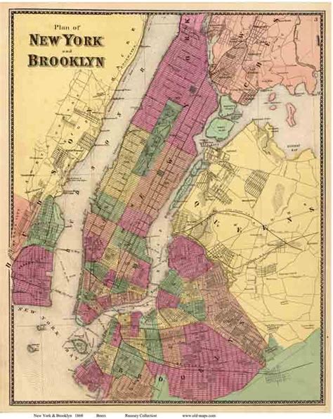 This is a map from the 1868 Beers Atlas. It encompasses Manhattan and Brooklyn. It also shows ...
