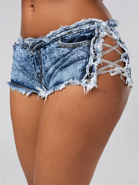 [27% OFF] Tight Lace Up Denim Frayed Shorts | Rosegal