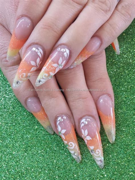 Yellow and orange acrylic fade with freehand nail art Great Nails, Cool Nail Art, Fun Nails ...