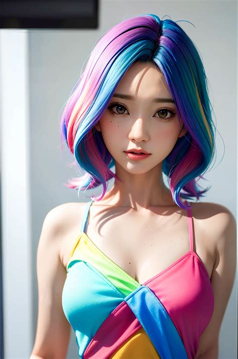 anime com cabelo colorido e um vestido colorido, RossDraw pastel vibrante, rossdraw desenho ...