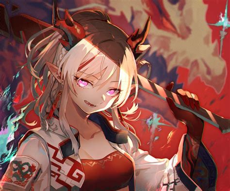 pink eyes, glowing eyes, portrait, horns, Arknights, dragon girl ...