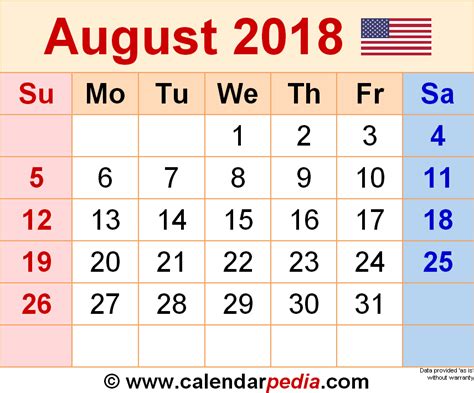 August 2018 - calendar templates for Word, Excel and PDF