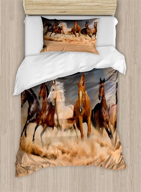 Horse Duvet Cover Set, Equine Themed Animals Galloping in the Sand Running Horses Pattern ...