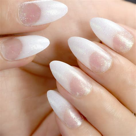 White Clear French Nail Glitter Nails Stiletto Medium Ladies Artificial ...