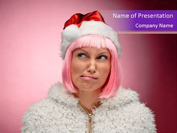 Beautiful Christmas Woman With Pink Wig And Festive Attire On Red Background. PowerPoint ...