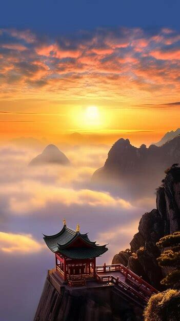 Premium AI Image | arafed view of a pagoda on a mountain with a sunset ...