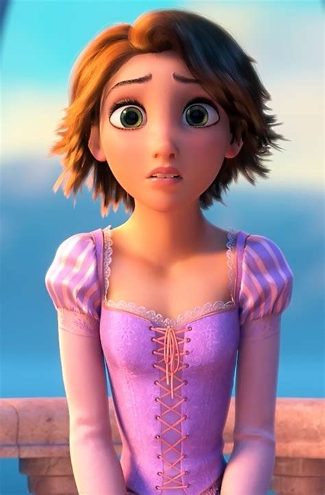 an animated character in a purple dress standing next to a window with mountains in the background