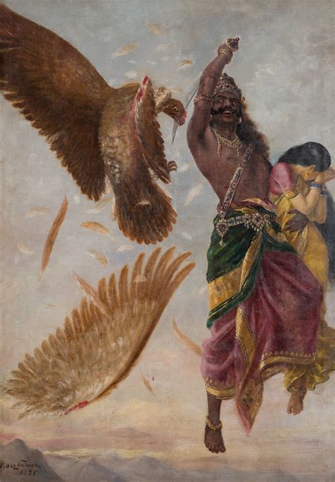 Jatayu struck down by Ravana from Ramayana [Raja Ravi Varma's painting] : r/india