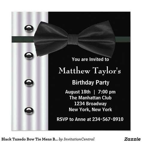 Black Tuxedo Bow Tie Mens Birthday Party Invitation | Zazzle.com | Mens birthday party ...