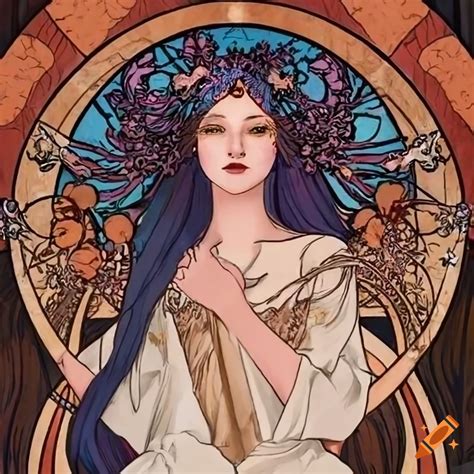 Artistic depiction of persephone in alphonse mucha style