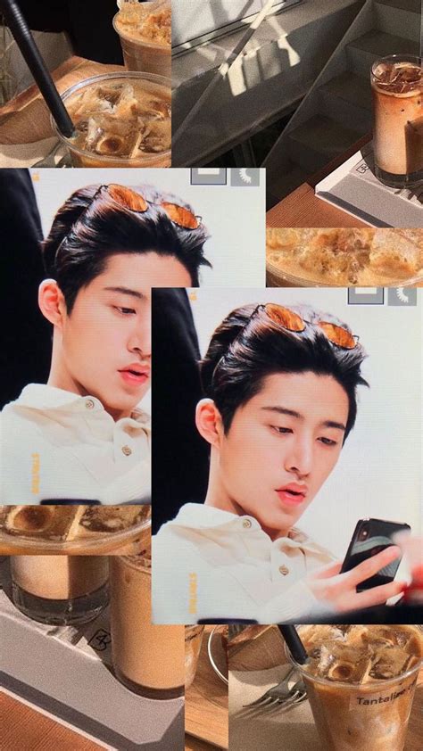 the collage shows various shots of a man using his cell phone and eating food