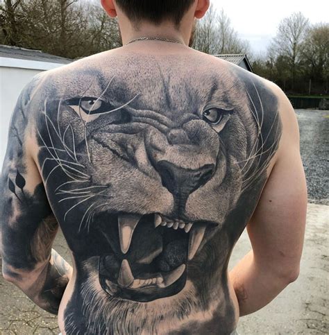 Realistic Lion, Men's Full Back Tattoo