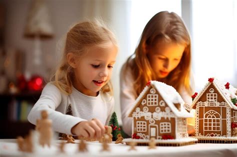 Premium Photo | Kids building a gingerbread house with a Christmas village backdrop Sweet ...