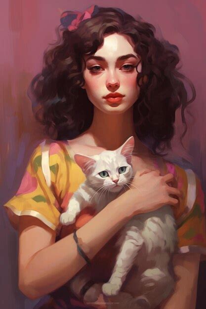 Premium AI Image | Painting of a woman holding a white cat in her arms generative ai