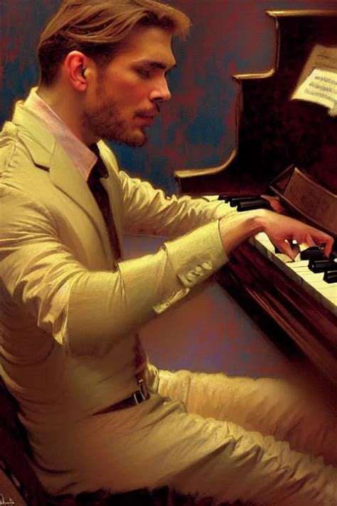 attractive man playing piano, cool colors, painting by | Stable ...