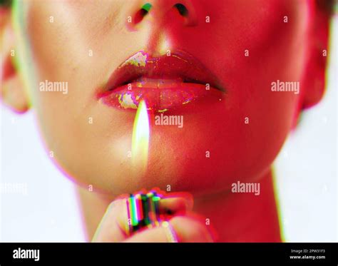 Makeup, beauty and woman with mouth lighter flame for an edgy, gen z and futuristic cosmetic ...