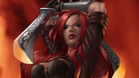 HD wallpaper: animated red haired woman holding sword standing on rock ...