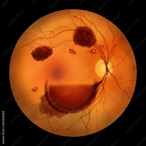 A medical illustration of Terson syndrome, revealing intraocular hemorrhage observed during ...