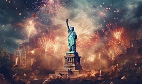 Premium AI Image | A photo of the statue of liberty with fireworks in the background