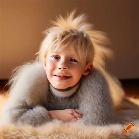 Blond boy lying on fur rug wearing mohair turtleneck sweater on Craiyon