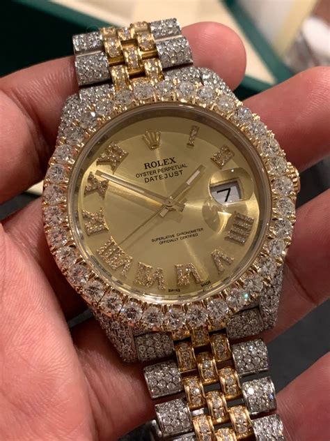 Iced out 18ctw Rolex Datejust 18k/SS 41mm Champagne Roman Numeral Diam – Monica Jewelers