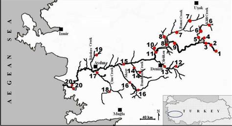 The map of Büyük Menderes River and sampling stations; 1- Suçıkan... | Download Scientific Diagram