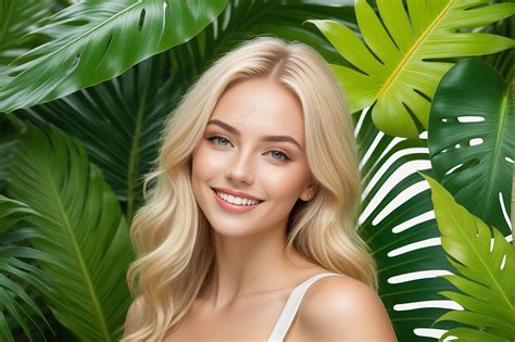 Young Beautiful Happy Blonde Girl Model On Tropical Plants Background With Green Leaves ...
