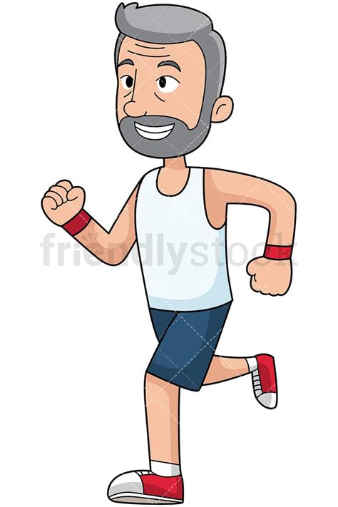 Bearded Mature Man Running Marathon Vector Cartoon Clipart - FriendlyStock