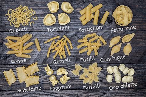 Various types of pasta with labels on a … – License Images – 12560962 StockFood