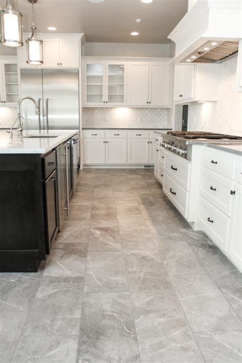 Muted Grey Tile Floor Kitchen and White Tile Kitchen Backsplash ...