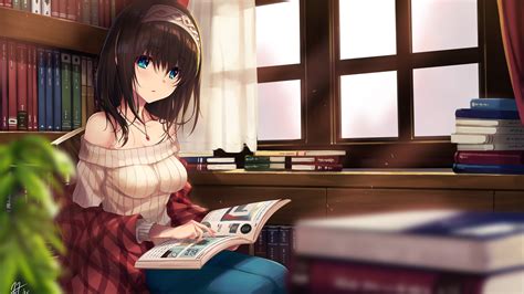 Desktop Wallpaper Cute Girl, Reading, Book, Anime, Original, Hd Image, Picture, Background, A1e526