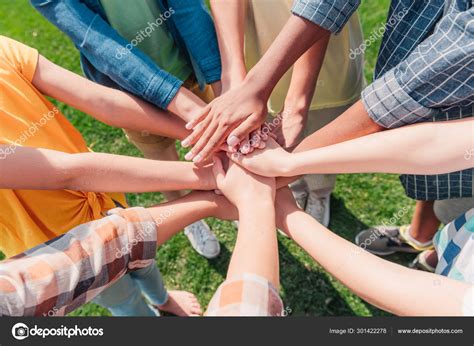 Cropped View Multicultural Children Putting Hands Together — Stock ...