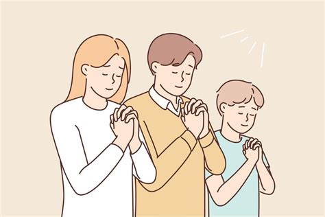 Religious family with son praying to God. Superstitious parents with ...