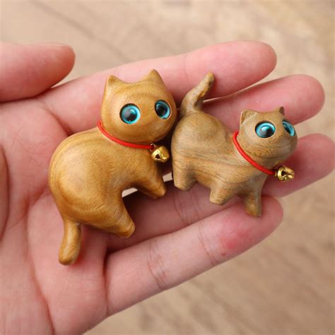 Handmade Wooden Cat Statue With a Small Bell so Cute Cat Gift ...